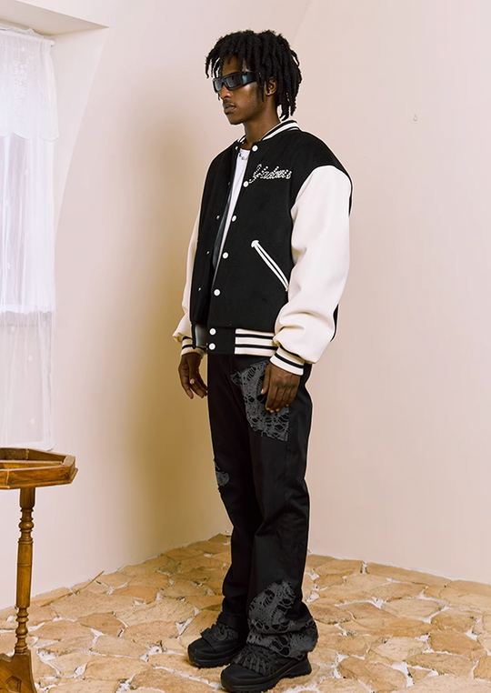 YADcrew Pearl Text Typography Baseball Jacket