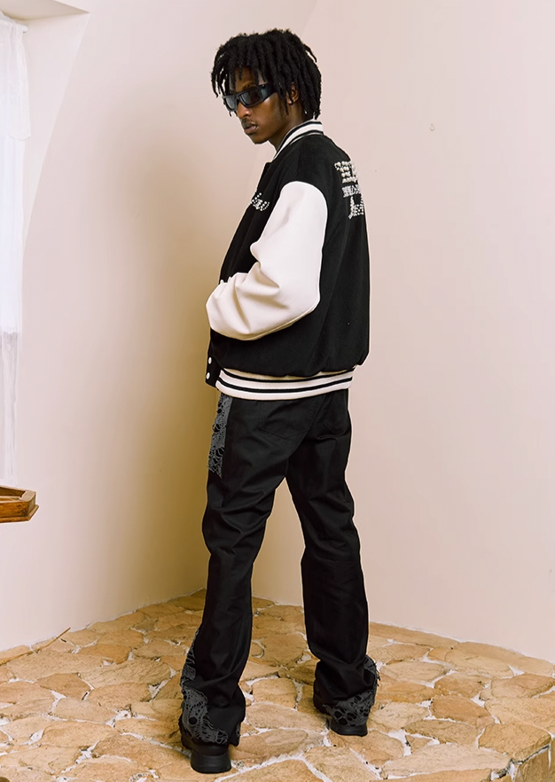 YADcrew Pearl Text Typography Baseball Jacket