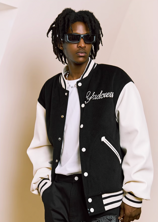 YADcrew Pearl Text Typography Baseball Jacket