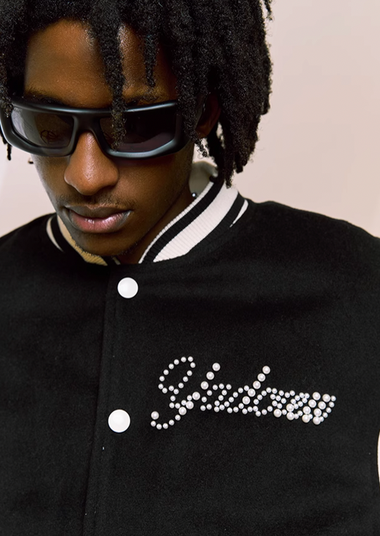 YADcrew Pearl Text Typography Baseball Jacket