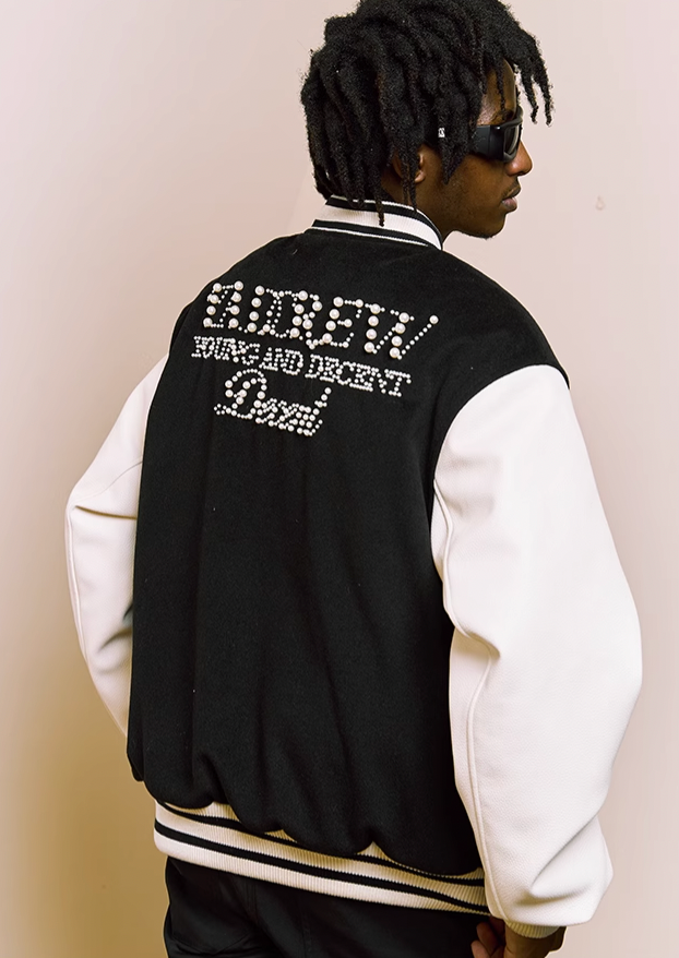 YADcrew Pearl Text Typography Baseball Jacket