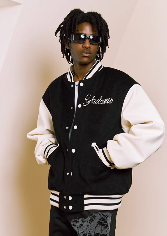 YADcrew Pearl Text Typography Baseball Jacket