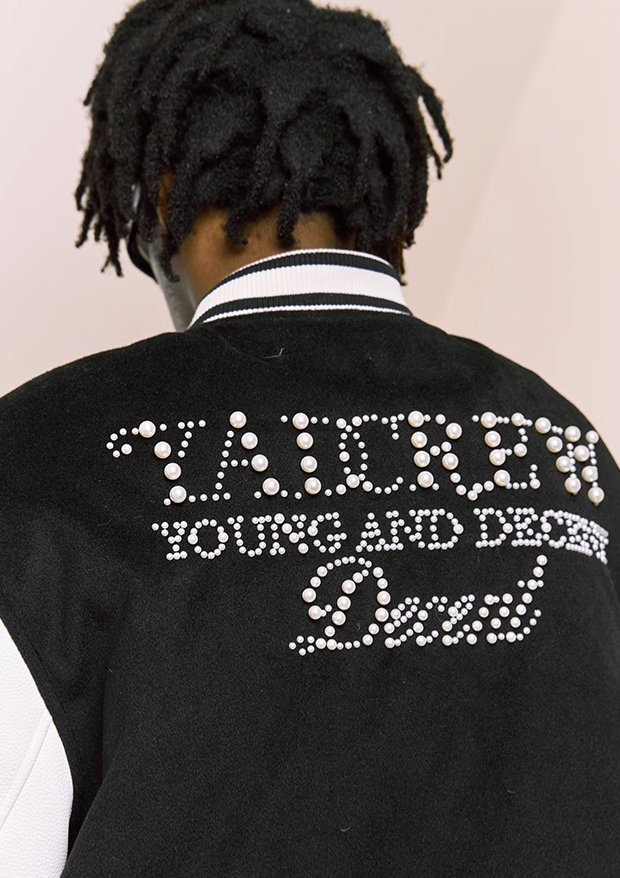 YADcrew Pearl Text Typography Baseball Jacket
