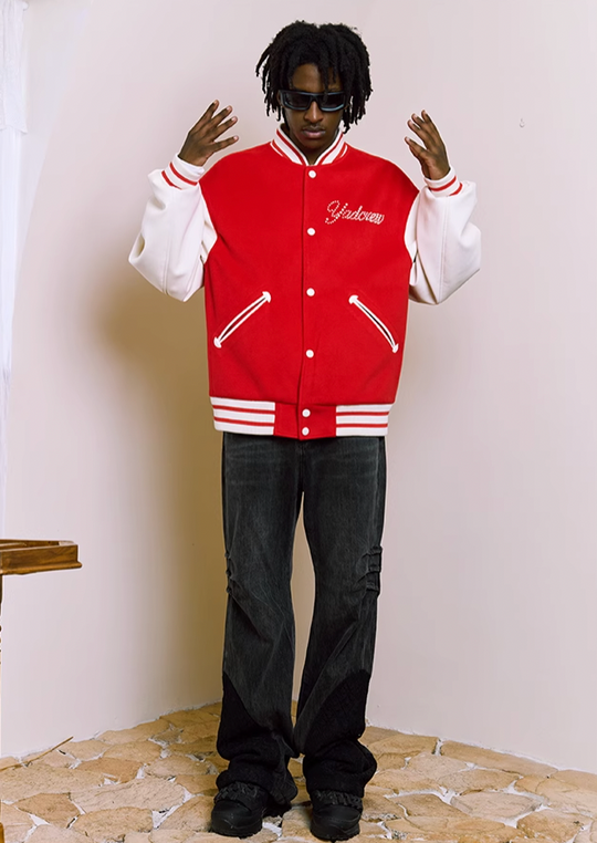 YADcrew Pearl Text Typography Baseball Jacket