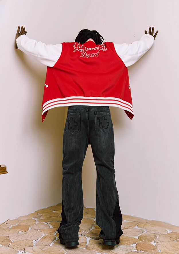 YADcrew Pearl Text Typography Baseball Jacket