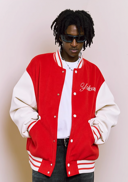 YADcrew Pearl Text Typography Baseball Jacket