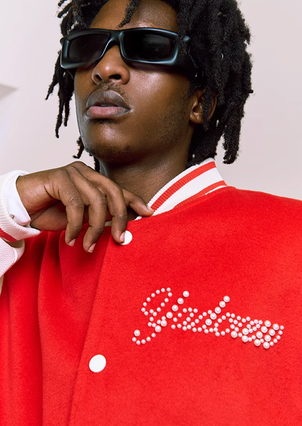 YADcrew Pearl Text Typography Baseball Jacket
