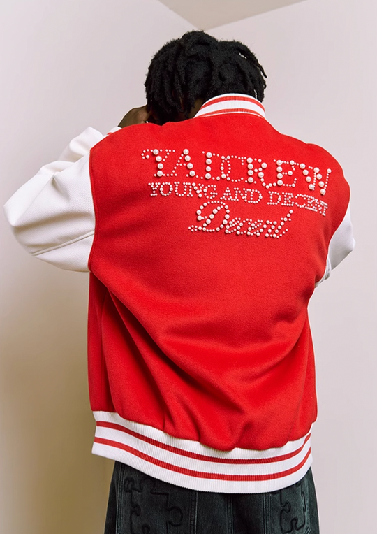 YADcrew Pearl Text Typography Baseball Jacket