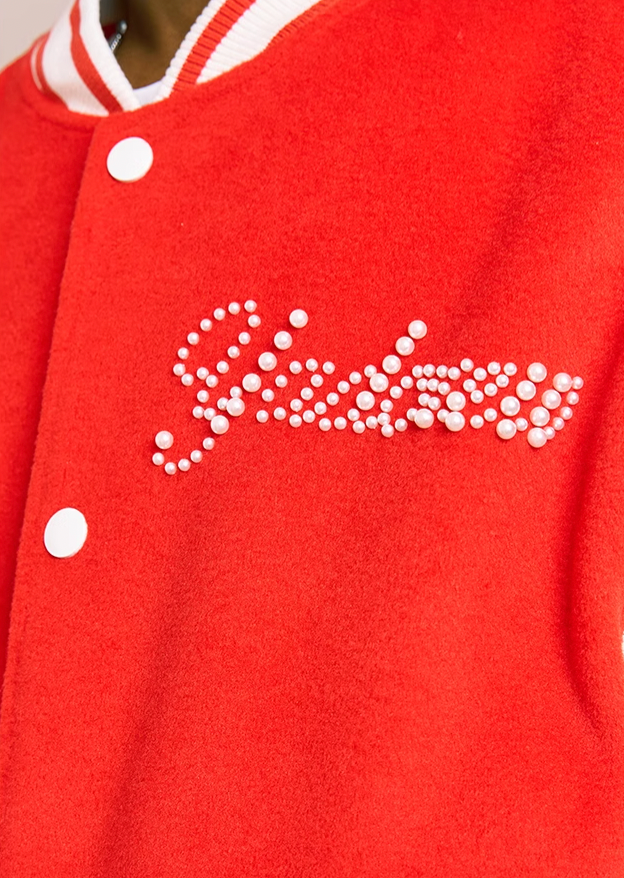 YADcrew Pearl Text Typography Baseball Jacket