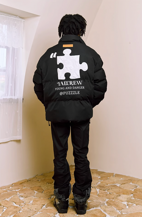 YADcrew Embossed Jigsaw Puzzle Puffer Jacket