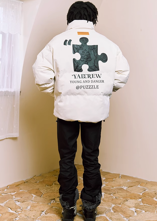 YADcrew Embossed Jigsaw Puzzle Puffer Jacket