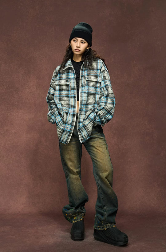 YADcrew Deconstructed Plaid Shirt Jacket