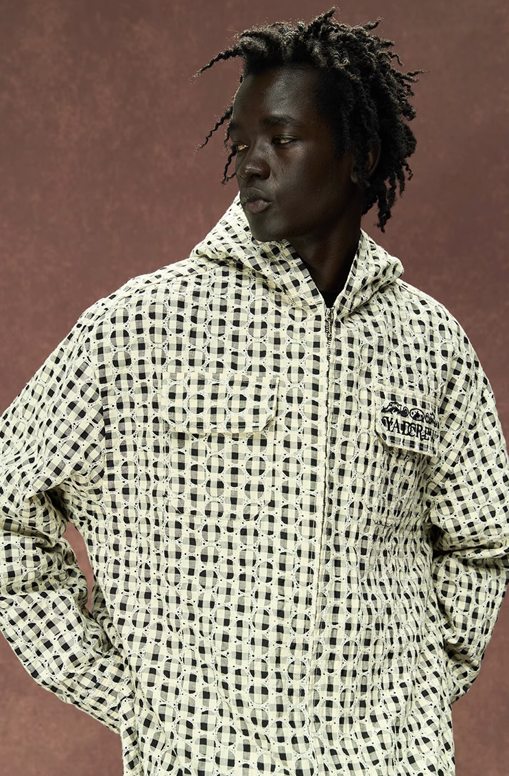 YADcrew Circle Lace Hooded Plaid Shirt Jacket