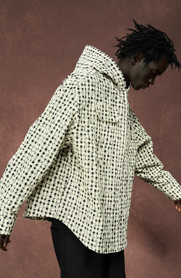 YADcrew Circle Lace Hooded Plaid Shirt Jacket