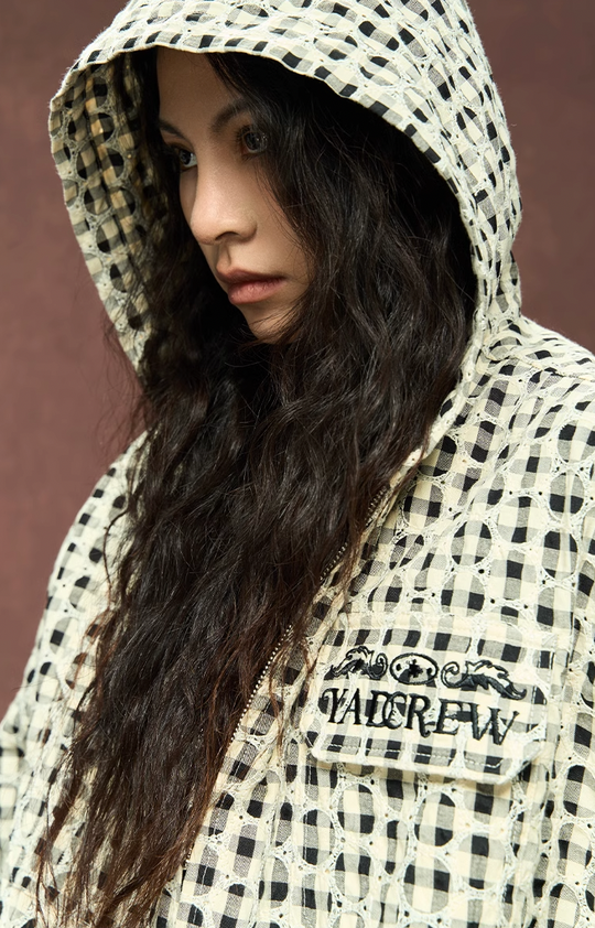 YADcrew Circle Lace Hooded Plaid Shirt Jacket