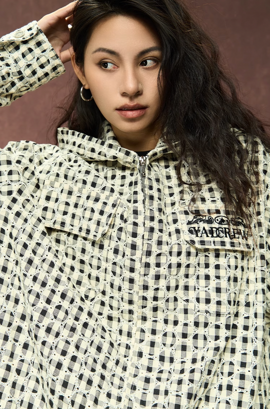YADcrew Circle Lace Hooded Plaid Shirt Jacket