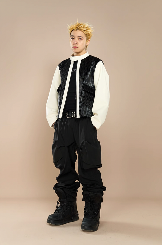 YADcrew Water Wave Pattern Leather Jacket