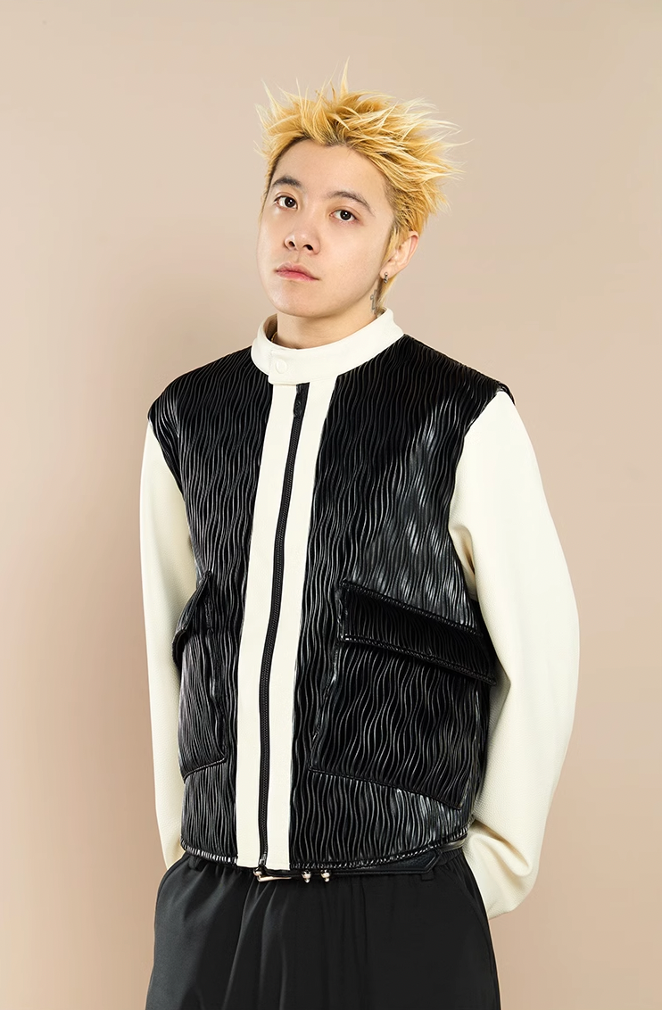 YADcrew Water Wave Pattern Leather Jacket