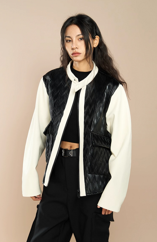 YADcrew Water Wave Pattern Leather Jacket