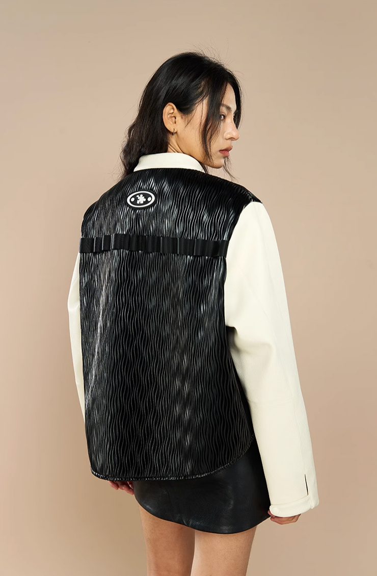 YADcrew Water Wave Pattern Leather Jacket