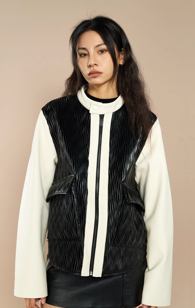 YADcrew Water Wave Pattern Leather Jacket