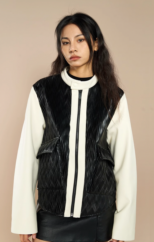 YADcrew Water Wave Pattern Leather Jacket