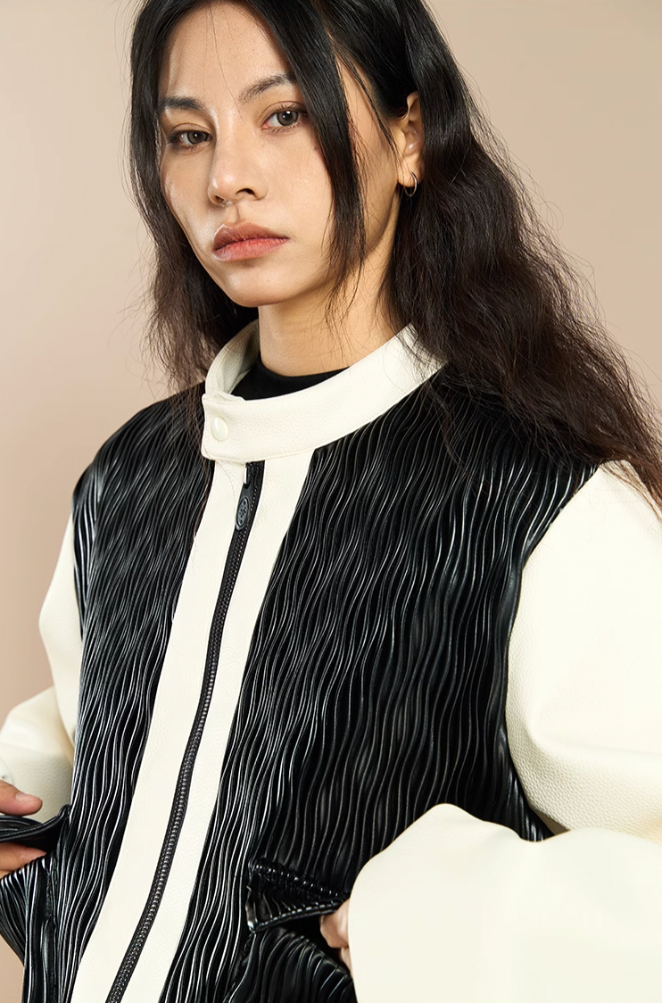 YADcrew Water Wave Pattern Leather Jacket