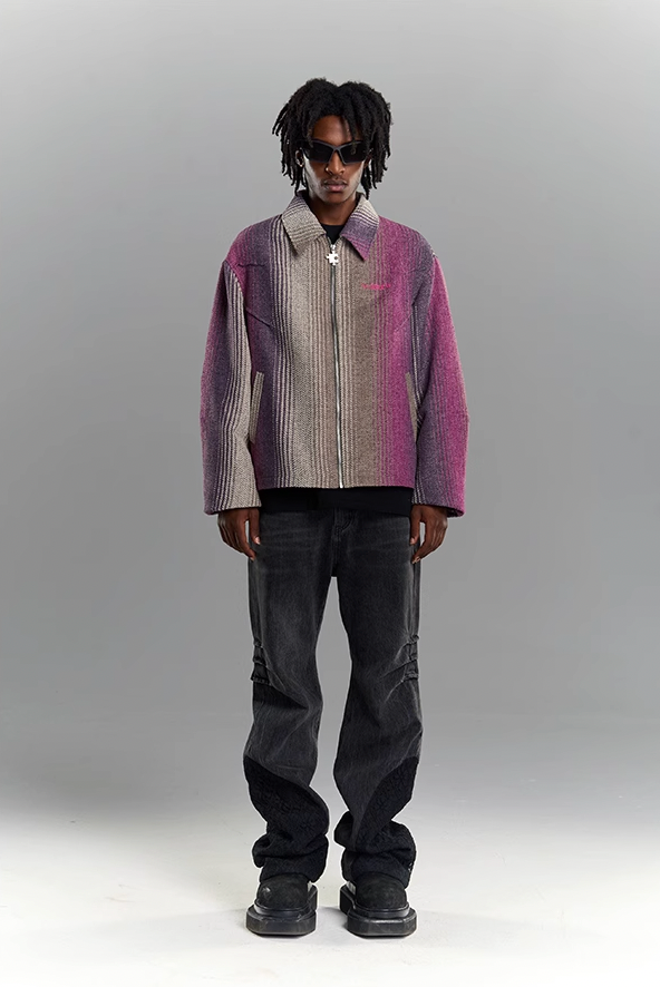YADcrew Gradient Pleated Striped Shirt Jacket