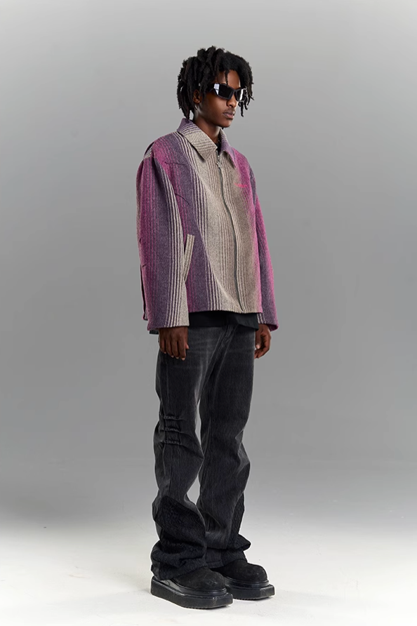 YADcrew Gradient Pleated Striped Shirt Jacket