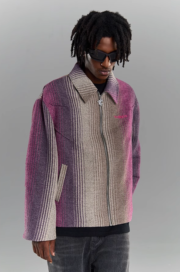 YADcrew Gradient Pleated Striped Shirt Jacket