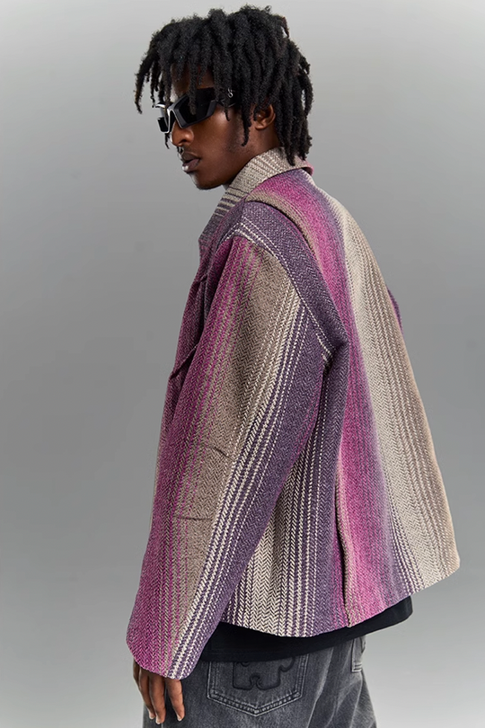YADcrew Gradient Pleated Striped Shirt Jacket
