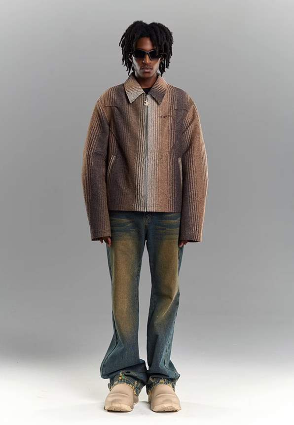 YADcrew Gradient Pleated Striped Shirt Jacket