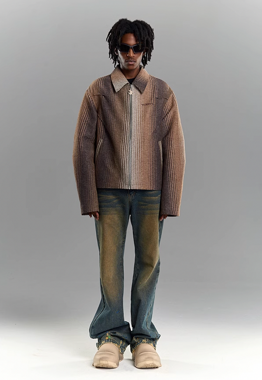 YADcrew Gradient Pleated Striped Shirt Jacket
