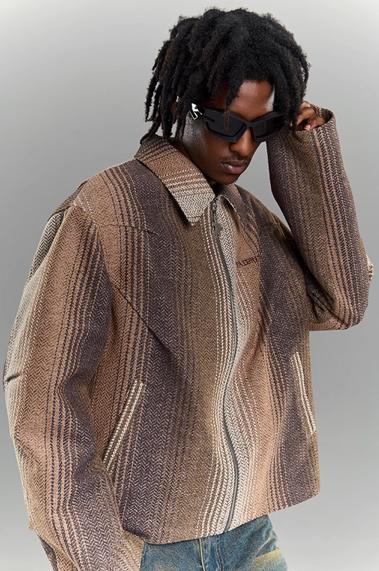 YADcrew Gradient Pleated Striped Shirt Jacket