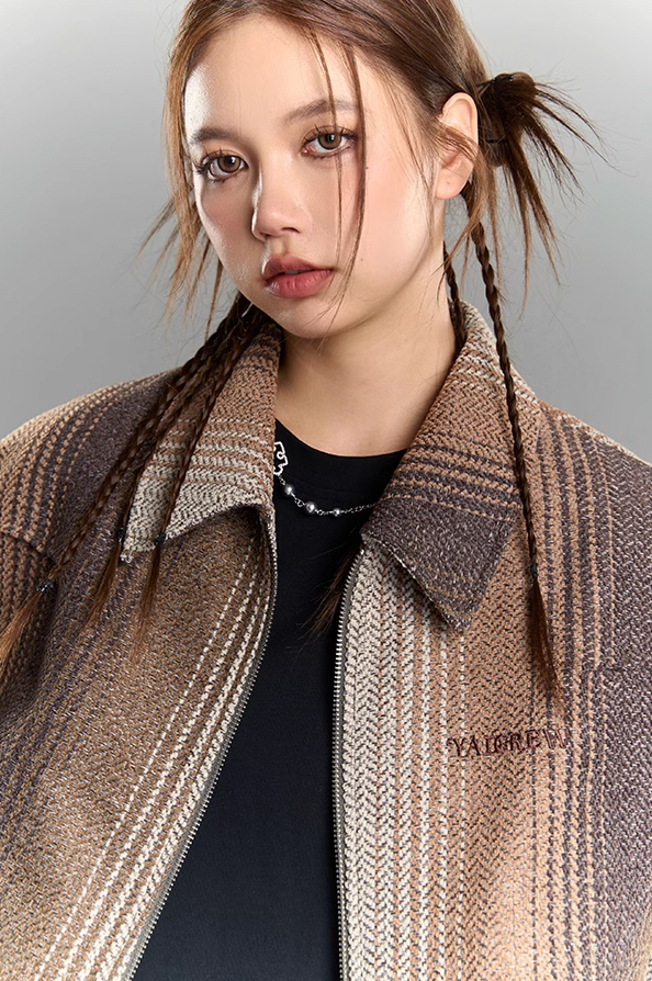 YADcrew Gradient Pleated Striped Shirt Jacket
