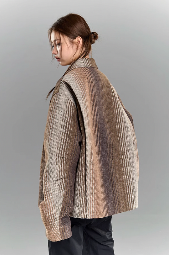 YADcrew Gradient Pleated Striped Shirt Jacket