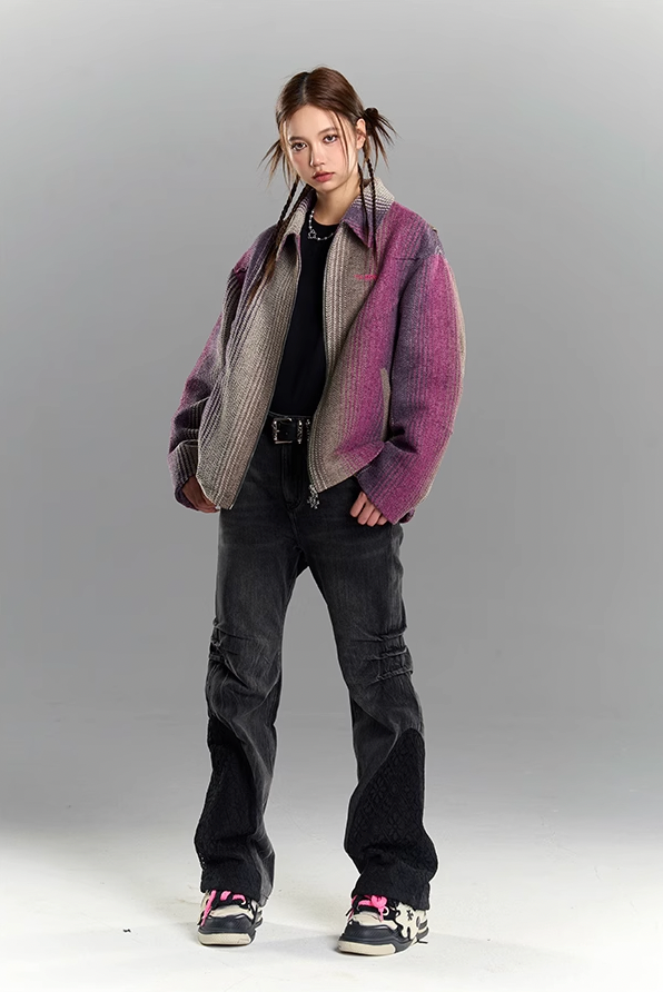 YADcrew Gradient Pleated Striped Shirt Jacket