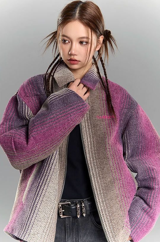 YADcrew Gradient Pleated Striped Shirt Jacket