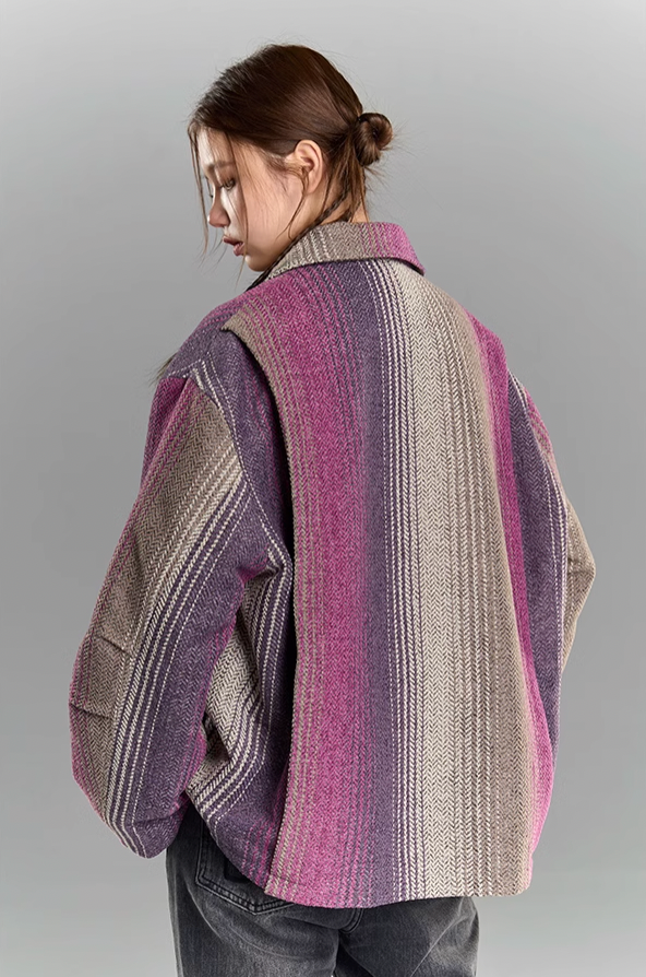 YADcrew Gradient Pleated Striped Shirt Jacket