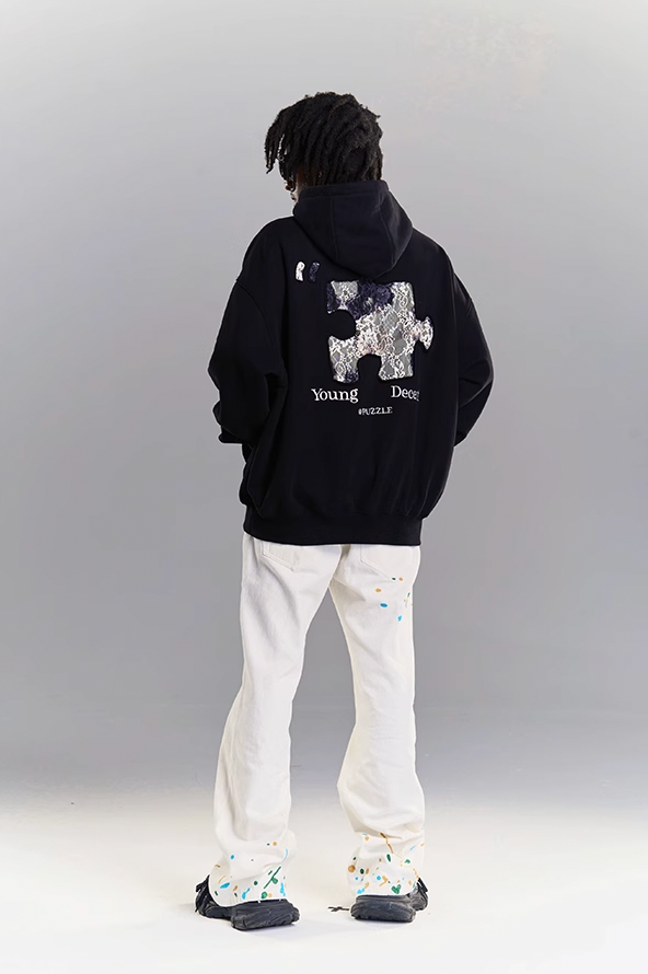 YADcrew Lace Splicing Embroidery Puzzle Hoodie