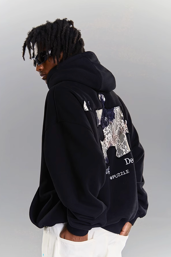 YADcrew Lace Splicing Embroidery Puzzle Hoodie