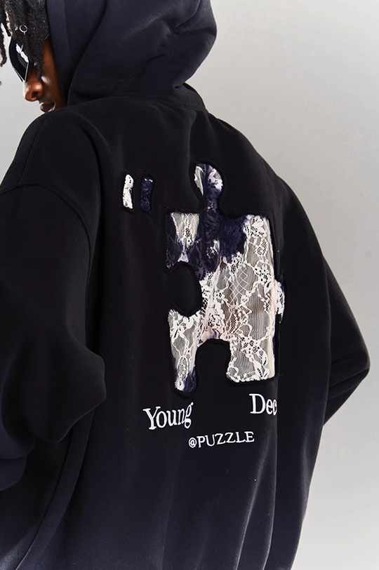 YADcrew Lace Splicing Embroidery Puzzle Hoodie