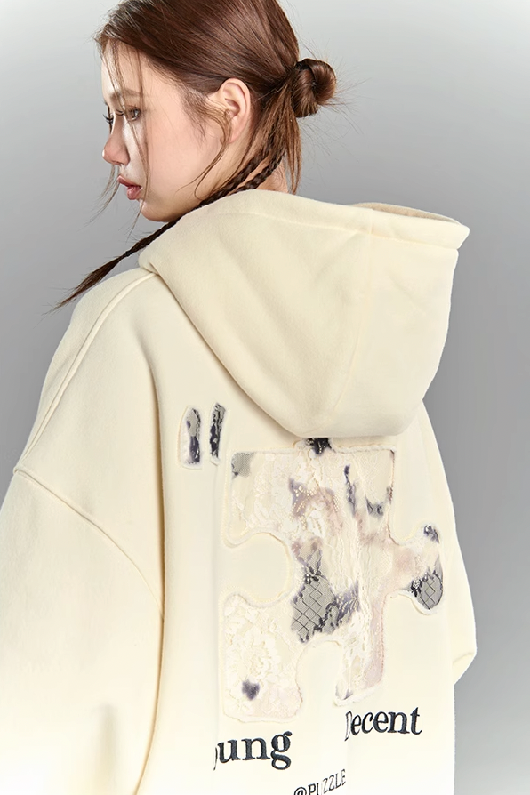 YADcrew Lace Splicing Embroidery Puzzle Hoodie