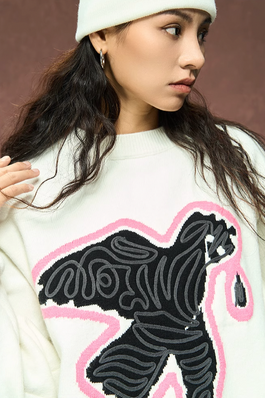 YADcrew Peace Dove 3D Rope Embroidery Knit Sweater