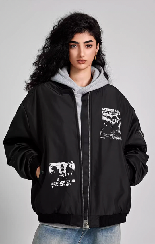 Achock Vintage Printed Baseball Bomber Jacket