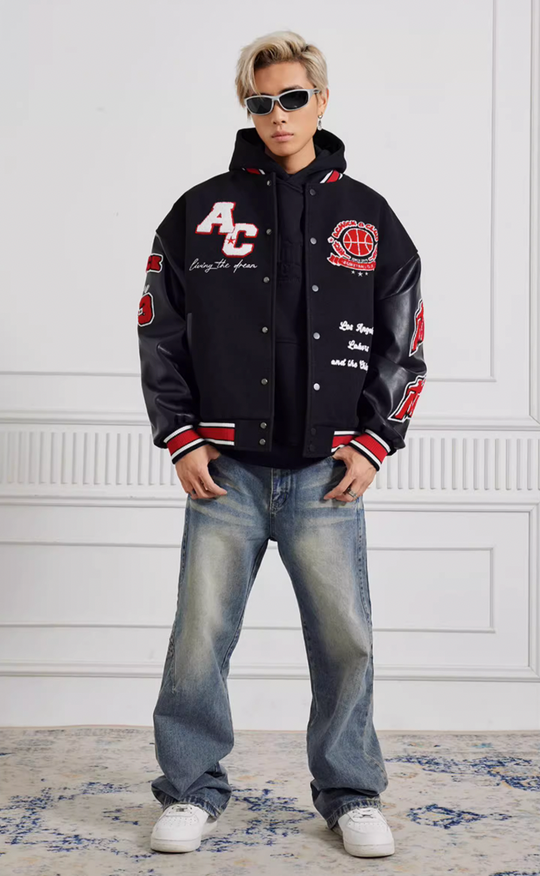 Achock Splicing Flocking Embroidery Baseball Jacket