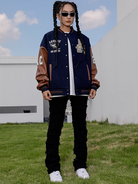 Baseball Jacket | Achock Airplane Embroidery Leather Baseball Jacket | Face 3 Face