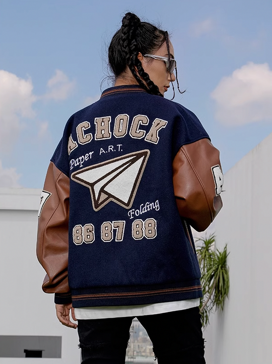 Baseball Jacket | Achock Airplane Embroidery Leather Baseball Jacket | Face 3 Face