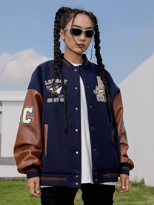 Baseball Jacket | Achock Airplane Embroidery Leather Baseball Jacket | Face 3 Face