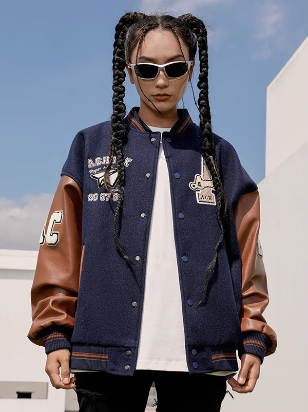 Baseball Jacket | Achock Airplane Embroidery Leather Baseball Jacket | Face 3 Face